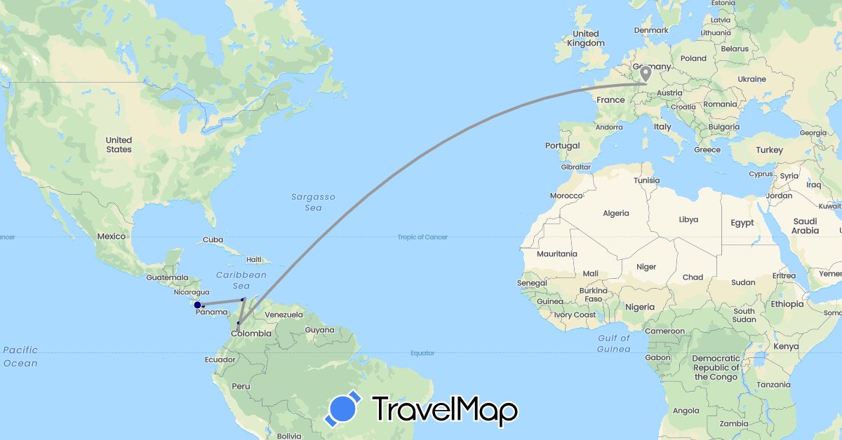 TravelMap itinerary: driving, plane in Colombia, Costa Rica, Germany (Europe, North America, South America)
